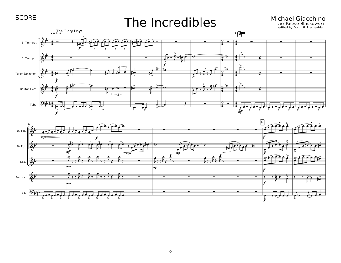 The Incredibles Sheet Music For Tuba, Saxophone Tenor, Trumpet In B ...