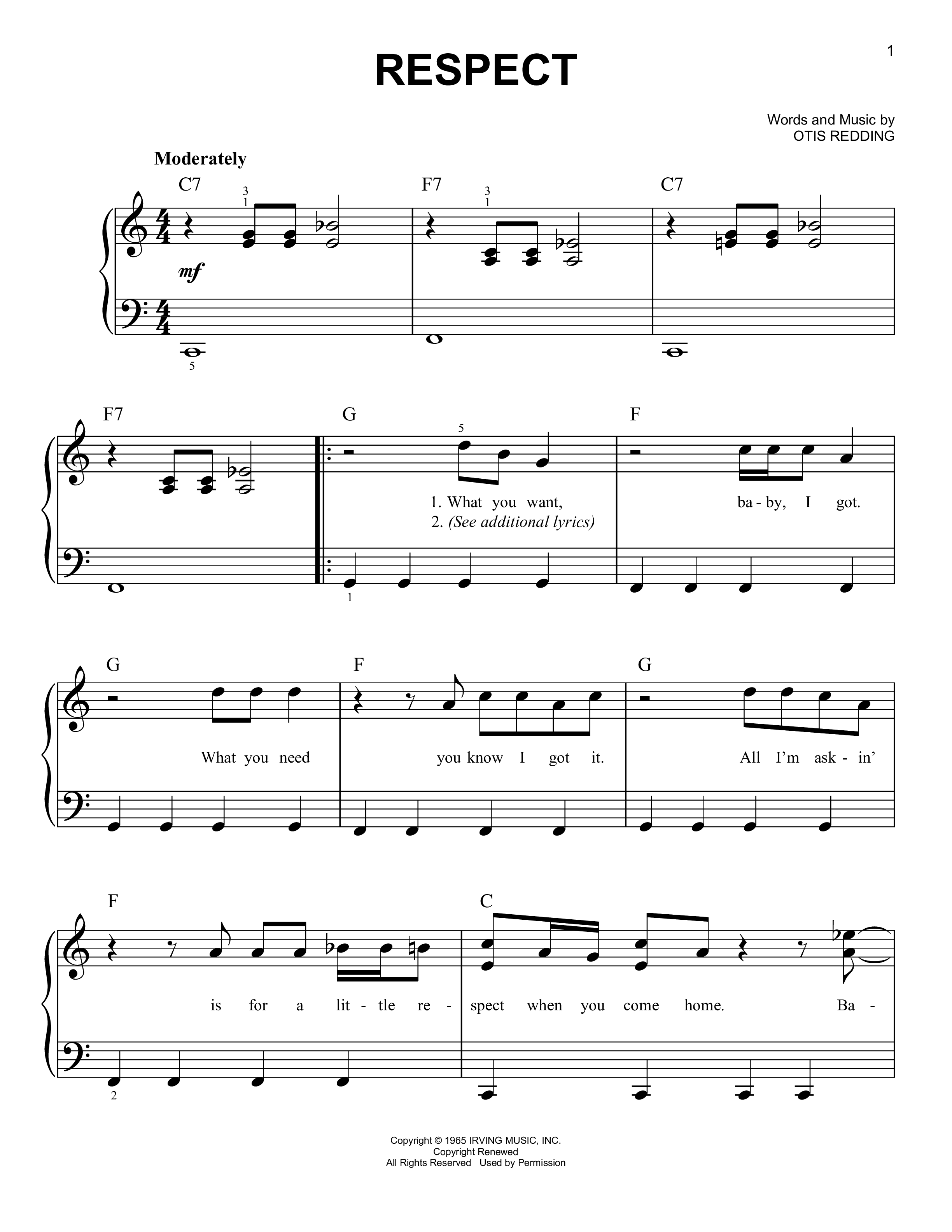 Play Official version of Respect Sheet Music by Aretha Franklin for ...