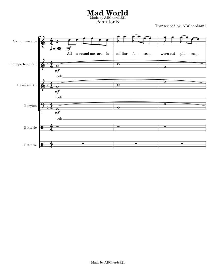 Mad World Sheet music for Piano Tuba Saxophone alto Drum group