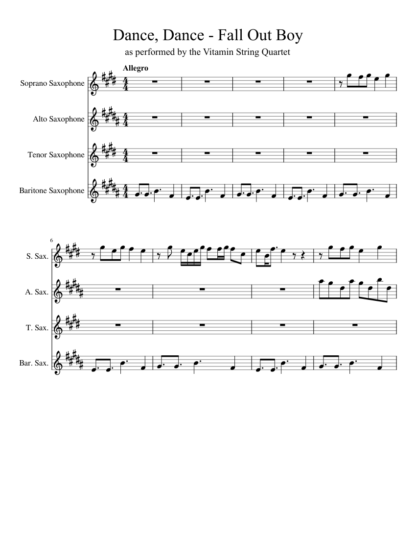 Dance Dance Fall Out Boy sax quartet Sheet music for Saxophone alto