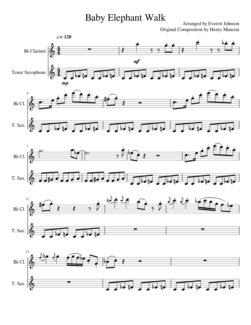 Baby Elephant Walk Sheet Music For Clarinet In B Flat Saxophone Tenor Woodwind Duet Musescore Com