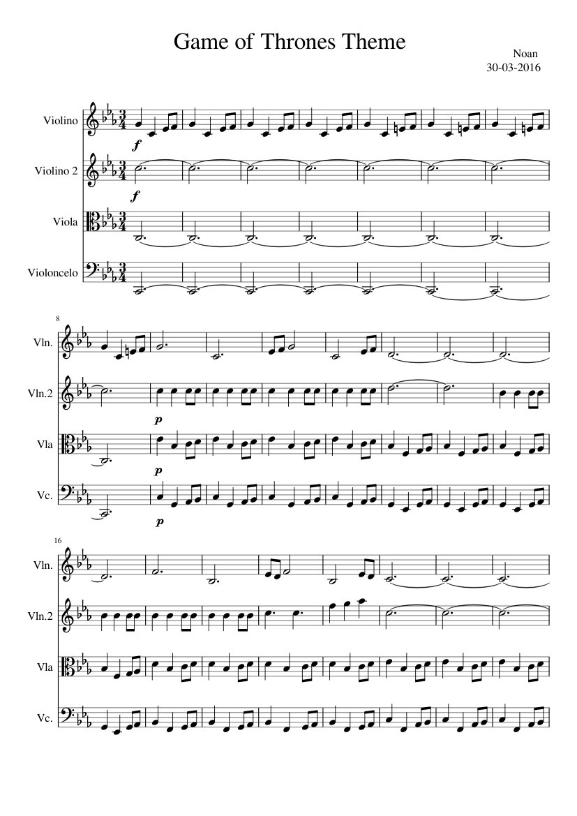 Game of Thrones Theme Sheet music for Violin, Viola, Cello (String Quartet)  | Musescore.com