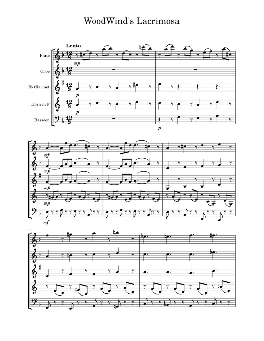 Lacrimosa Requiem Wolfgang Amadeus Mozart Sheet music for Flute, Oboe