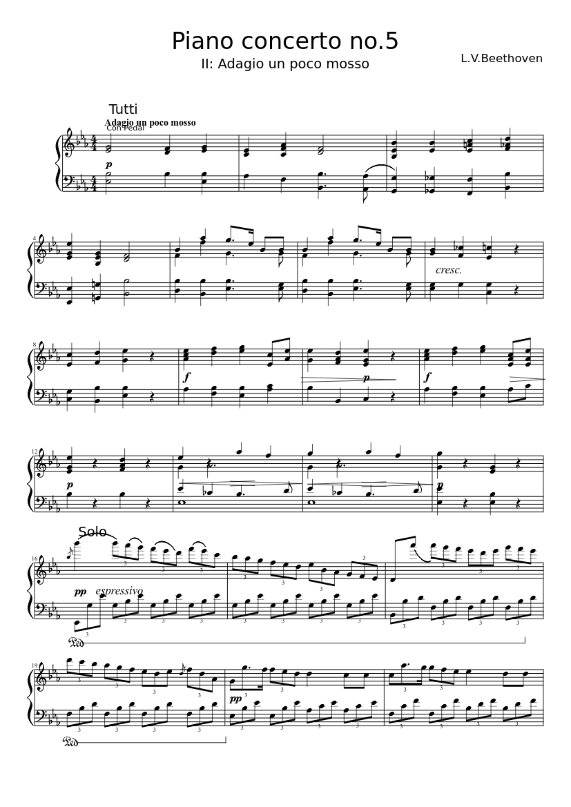 Beethoven pianoconcerto no.5: Adagio un poco mosso Sheet music for Piano  (Solo) | Musescore.com