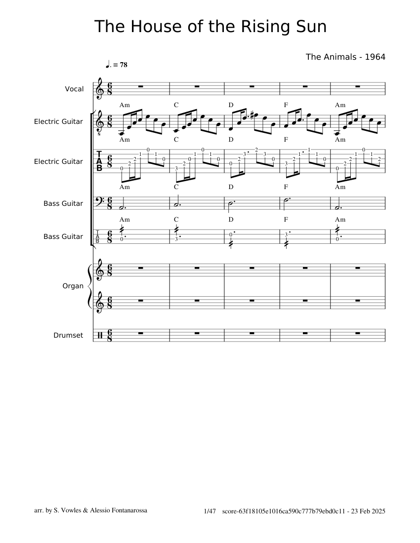 The House of the Rising Sun (The Animals) Sheet Music and Tab with ...