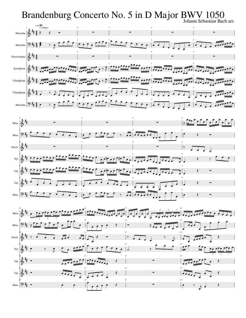 Brandenburg Concerto No. 5 in D Major BWV 1050 Sheet music for Vibraphone,  Glockenspiel, Marimba, Xylophone (Percussion Ensemble) | Musescore.com
