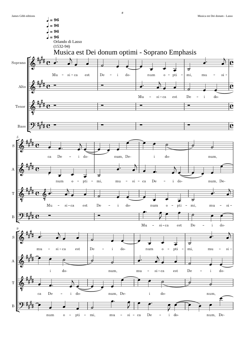 Optimi Note Musica est Dei donum optimi – Orlando di Lasso – Soprano Emphasis Sheet ...