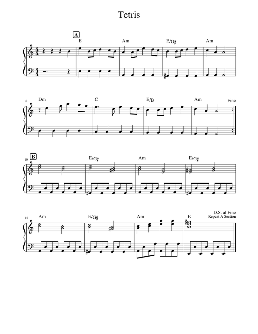 Tetris Theme - Basic Version Sheet Music For Piano (Solo) Easy ...