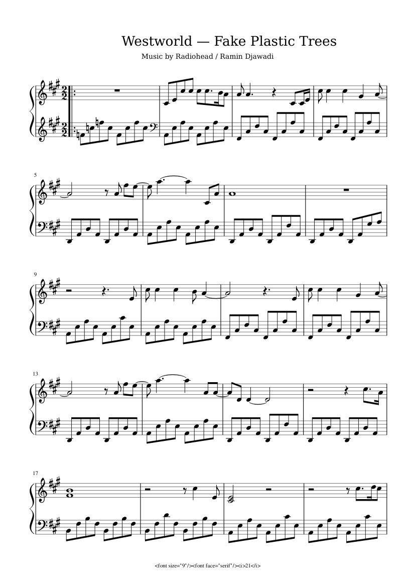 Westworld - Fake Plastic Trees Sheet music for Piano (Solo) | Musescore.com