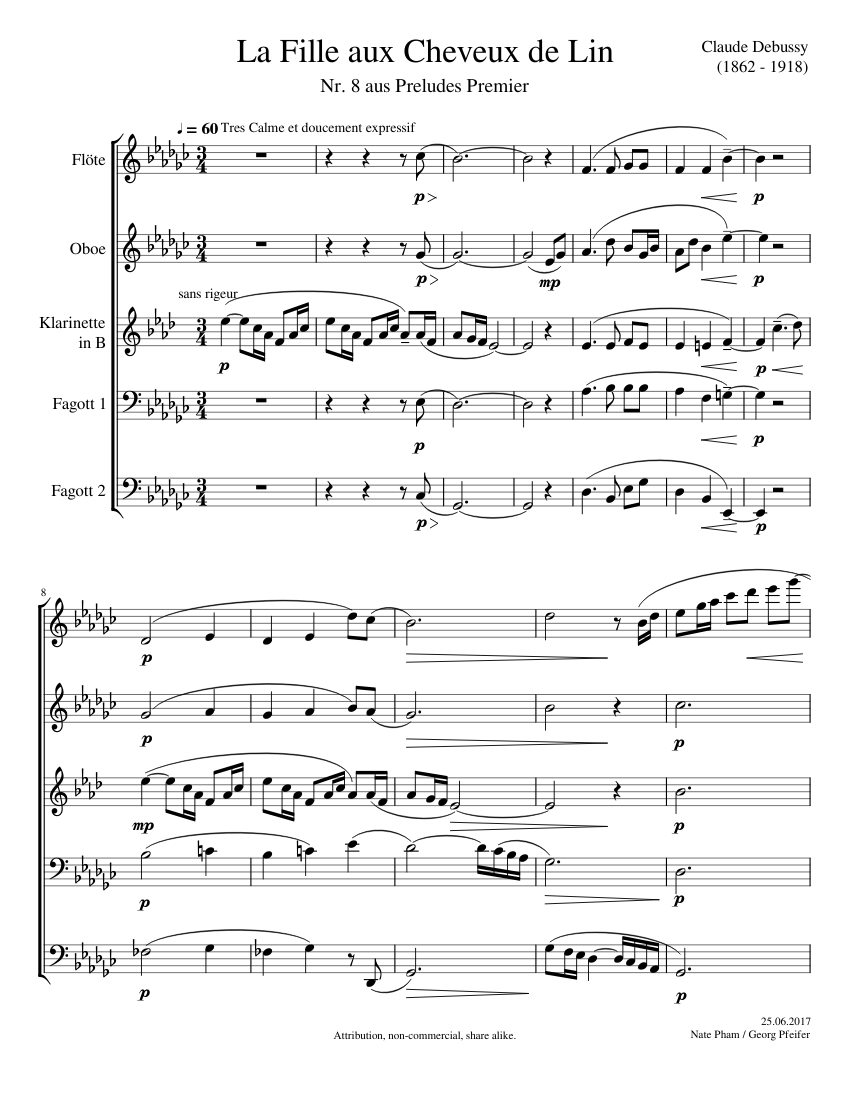 La Fille aux Cheveux de Lin, Claude Debussy Woodwind Quintet Sheet