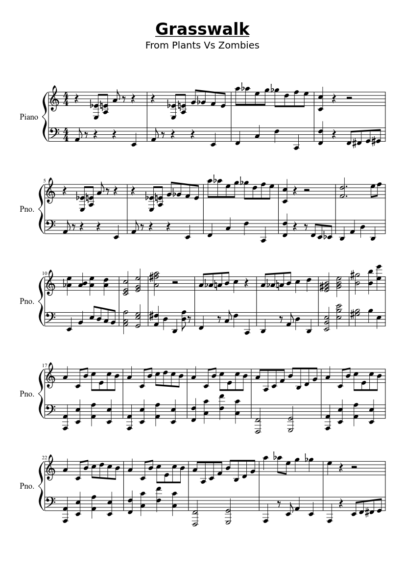 Grasswalk From Plants Vs Zombies Sheet Music For Piano Solo Musescore Com