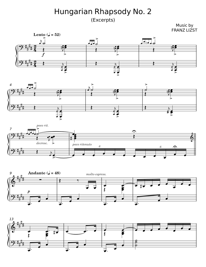 Hungarian Rhapsody No 2 Franz Lizst Sheet Music For Piano Solo 6549