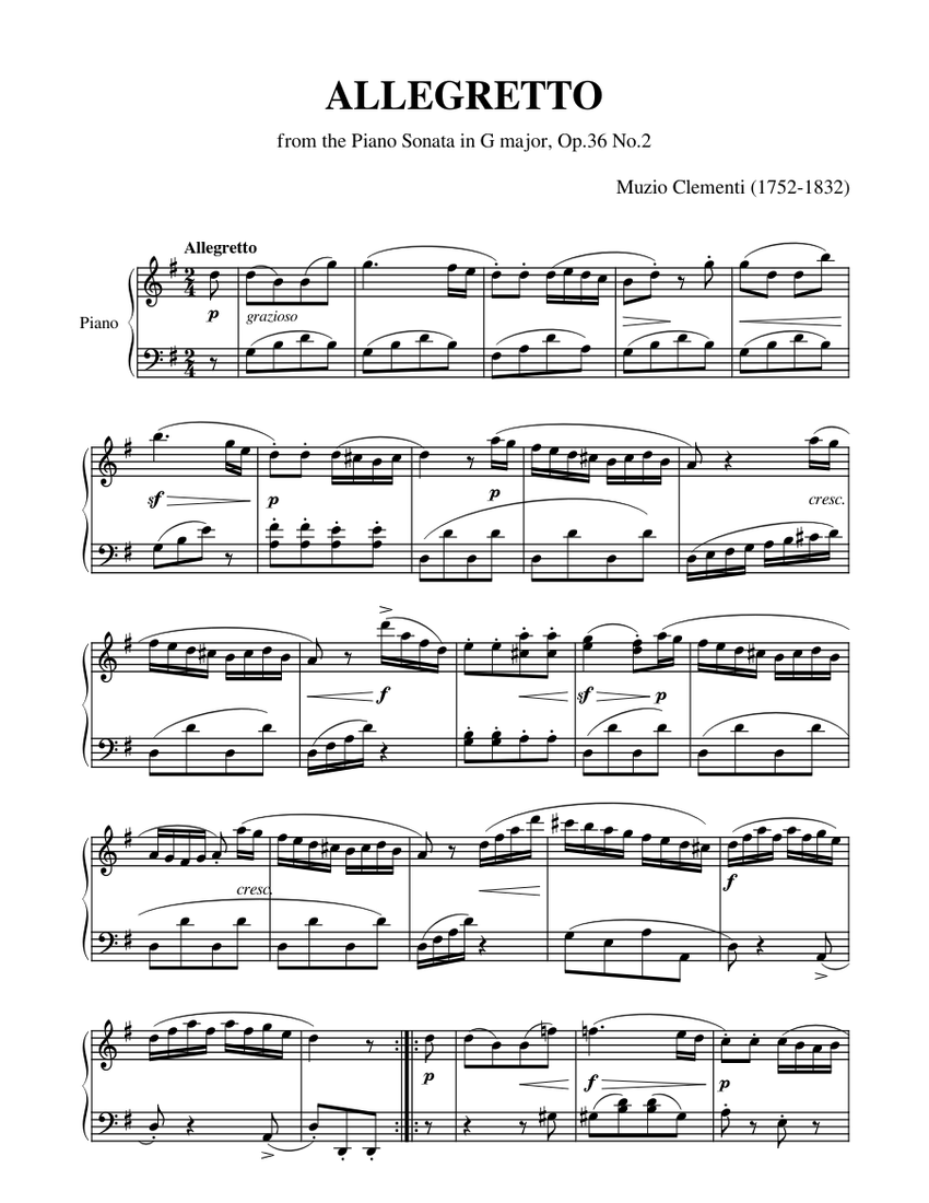 ALLEGRETTO from the Piano Sonata in G major, Op.36 No.2 - Muzio ...