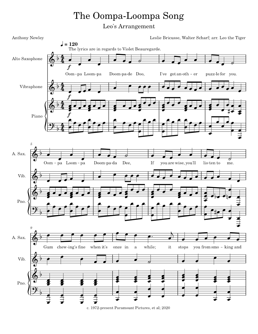 The Oompa-Loompa Song Sheet music for Piano, Saxophone alto, Vibraphone (Mixed Trio) | Musescore.com