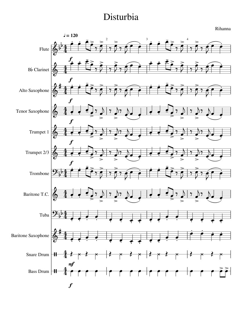 Disturbia - Rihanna Sheet Music for Trombone, Cornet, Euphonium, Tuba ...