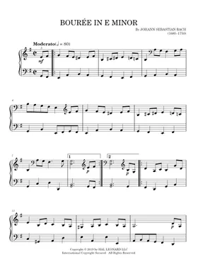 Free Piano Sheet Music – Bourree In E Minor – Bach – Michael Kravchuk