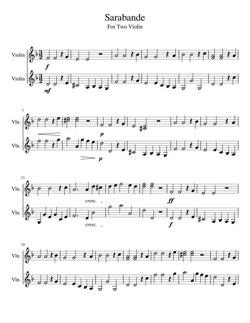 Sarabande - Handel Sheet music for Violin (String Duet) | Musescore.com