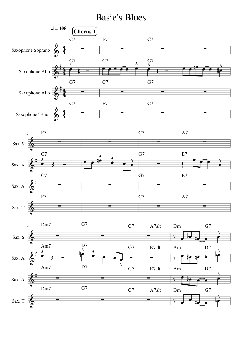 Basie's Blues Sheet music for Saxophone alto, Saxophone tenor, Saxophone  soprano (Saxophone Ensemble) | Musescore.com