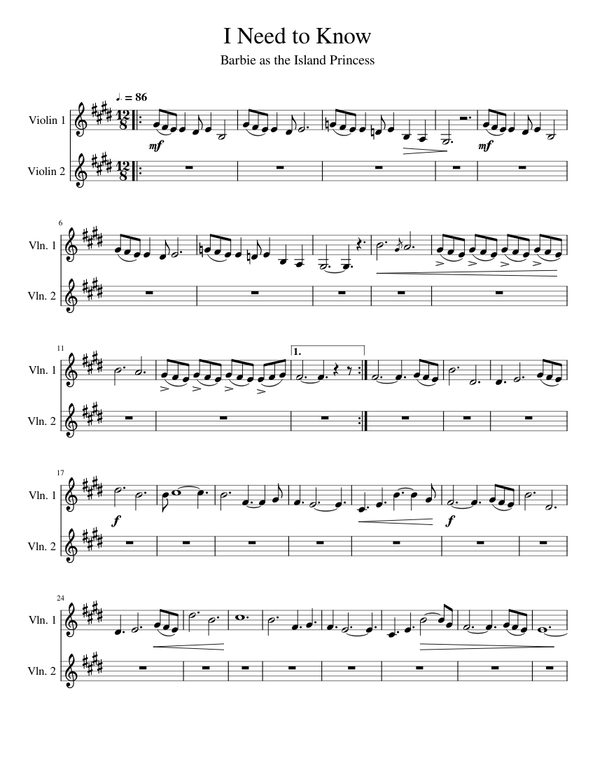 I Need to Know (from Barbie as the Island Princess) Sheet music for Violin  (String Duet) | Musescore.com