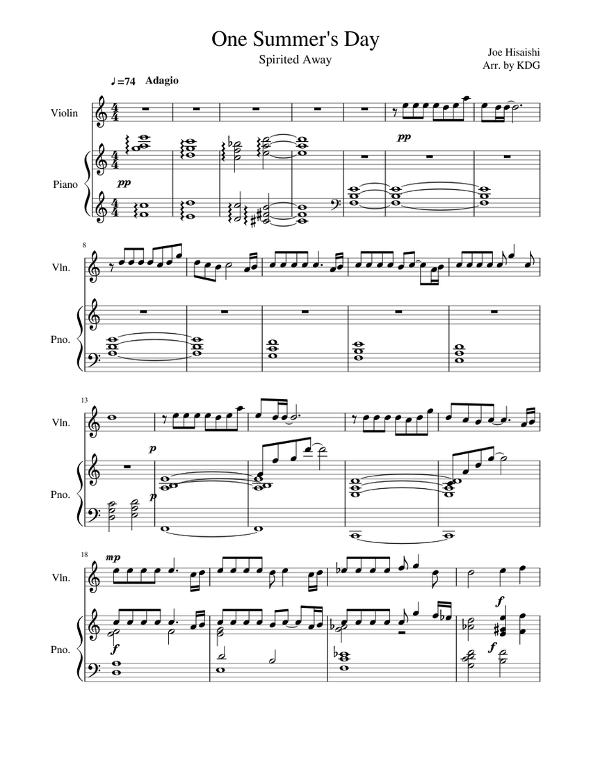 One Summer's Day Spirited Away violon piano Sheet music for Piano, Violin  (Solo) | Musescore.com