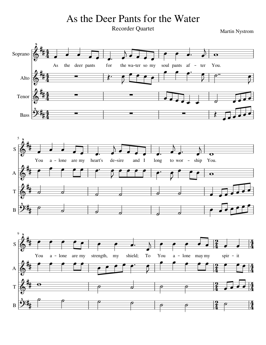 As the Deer Pants for the Water - Recorder Quartet Sheet music for Recorder  (Mixed Quartet) | Download and print in PDF or MIDI free sheet music with  lyrics for as the