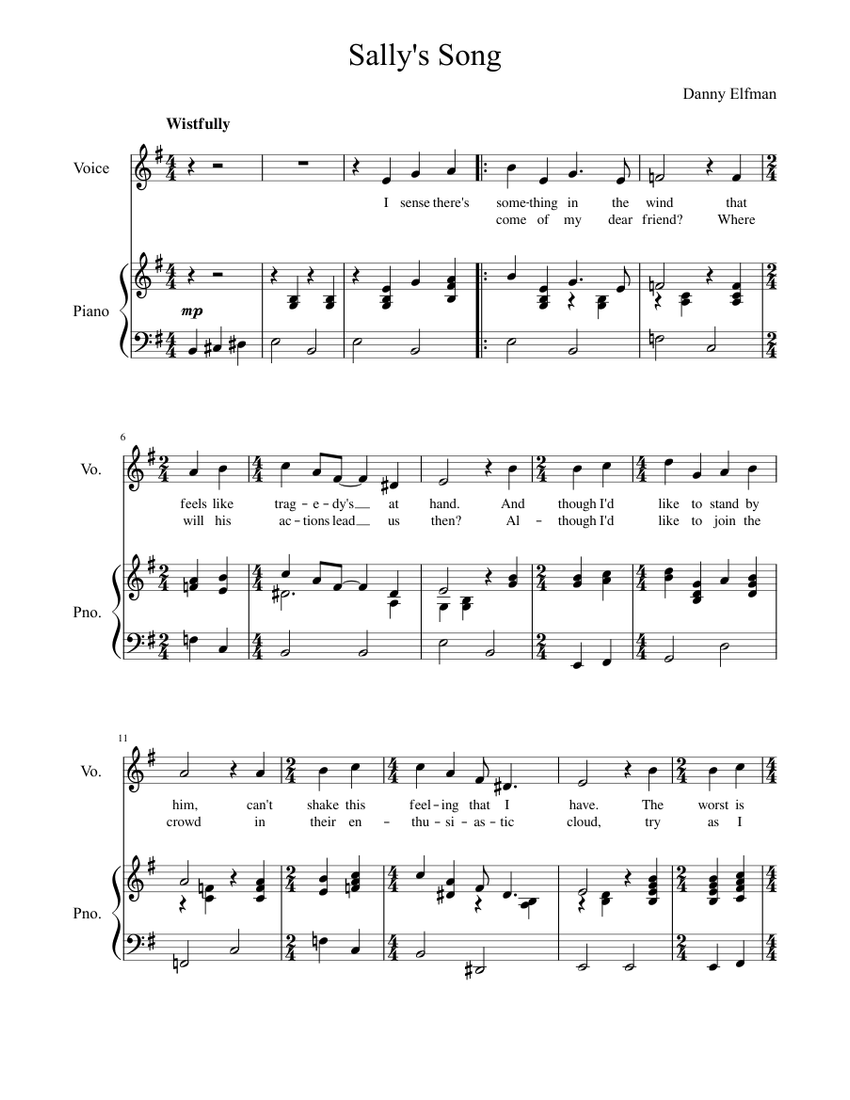 Sally's Song - The Nightmare Before Christmas Sheet music for Piano, Voice  (other) (Piano-Voice) | Musescore.com
