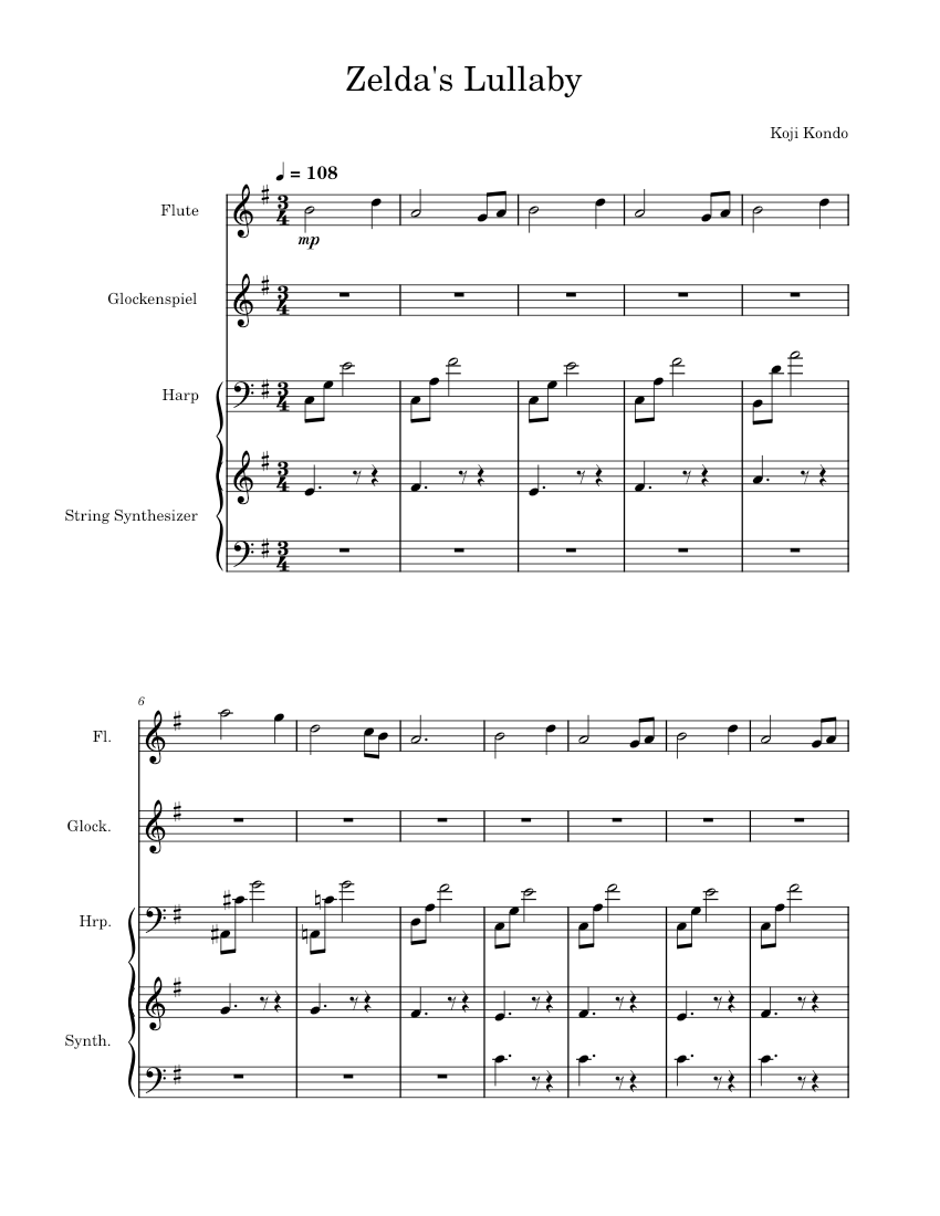 Zelda's Lullaby – Koji Kondo Sheet music for Flute, Glockenspiel, Harp ...