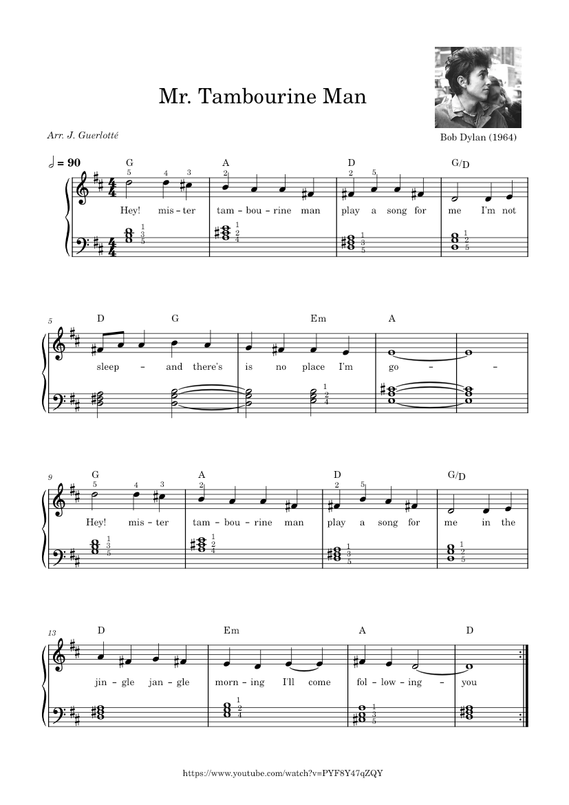 Mr. Tambourine Man – Bob Dylan Sheet Music for Piano (Solo) Easy ...