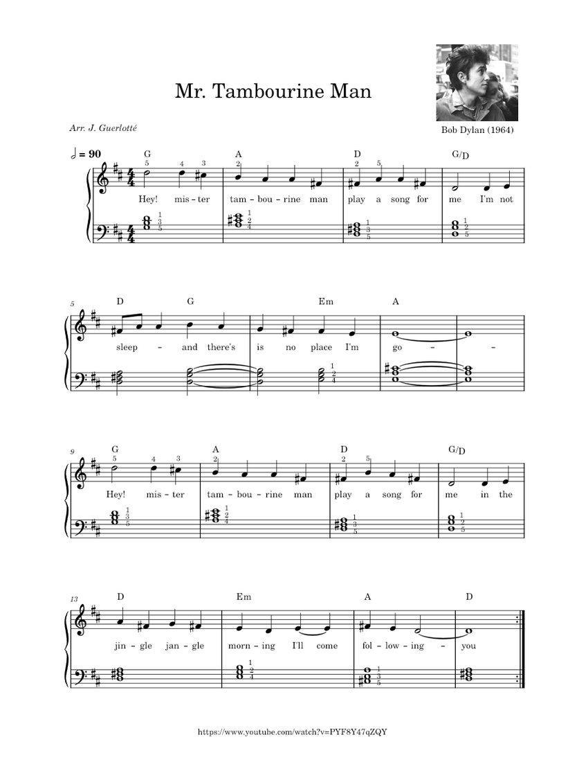 Mr. Tambourine Man – Bob Dylan Sheet music for Piano (Solo) Easy |  Musescore.com