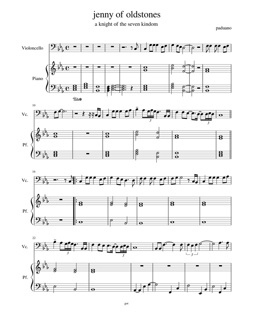 Jenny of oldstones Sheet music for Piano, Cello (Mixed Duet) | Musescore.com