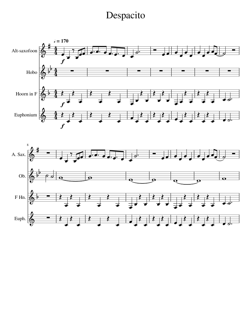 Despacito Sheet music for Euphonium, Oboe, Saxophone alto, French horn