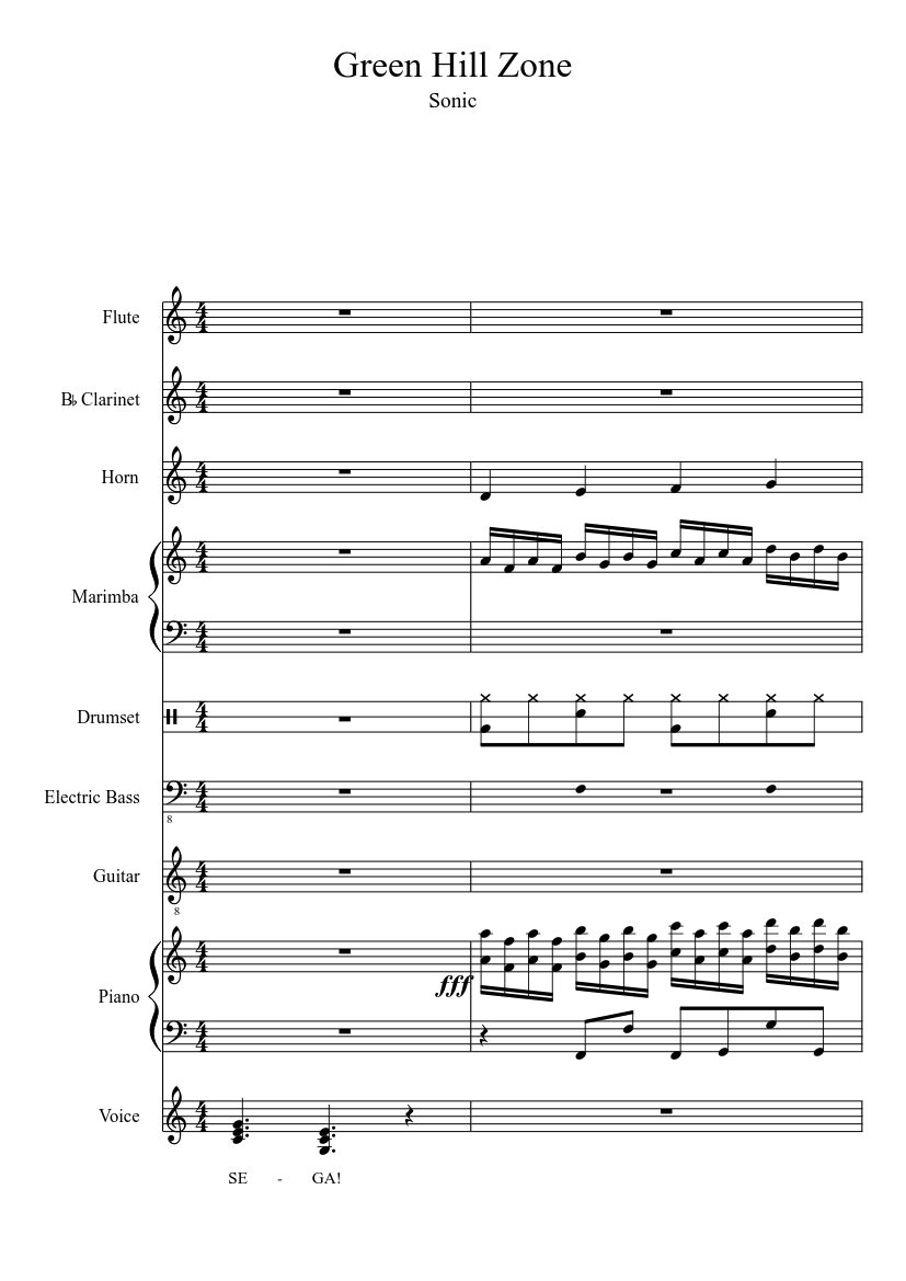 Green Hill Zone - Sonic the Hedgehog (For your listening pleasure ONLY!) Sheet  music for Piano, Flute, Guitar, Clarinet other & more instruments (Mixed  Quintet)