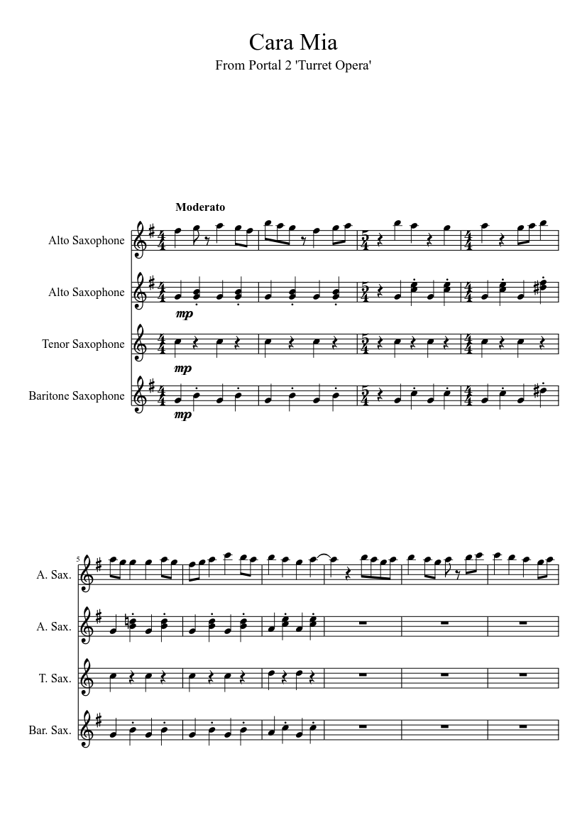 Cara Mia Turret Opera (AATB) Sheet music for Saxophone alto, Saxophone  tenor, Saxophone baritone (Saxophone Ensemble) | Musescore.com