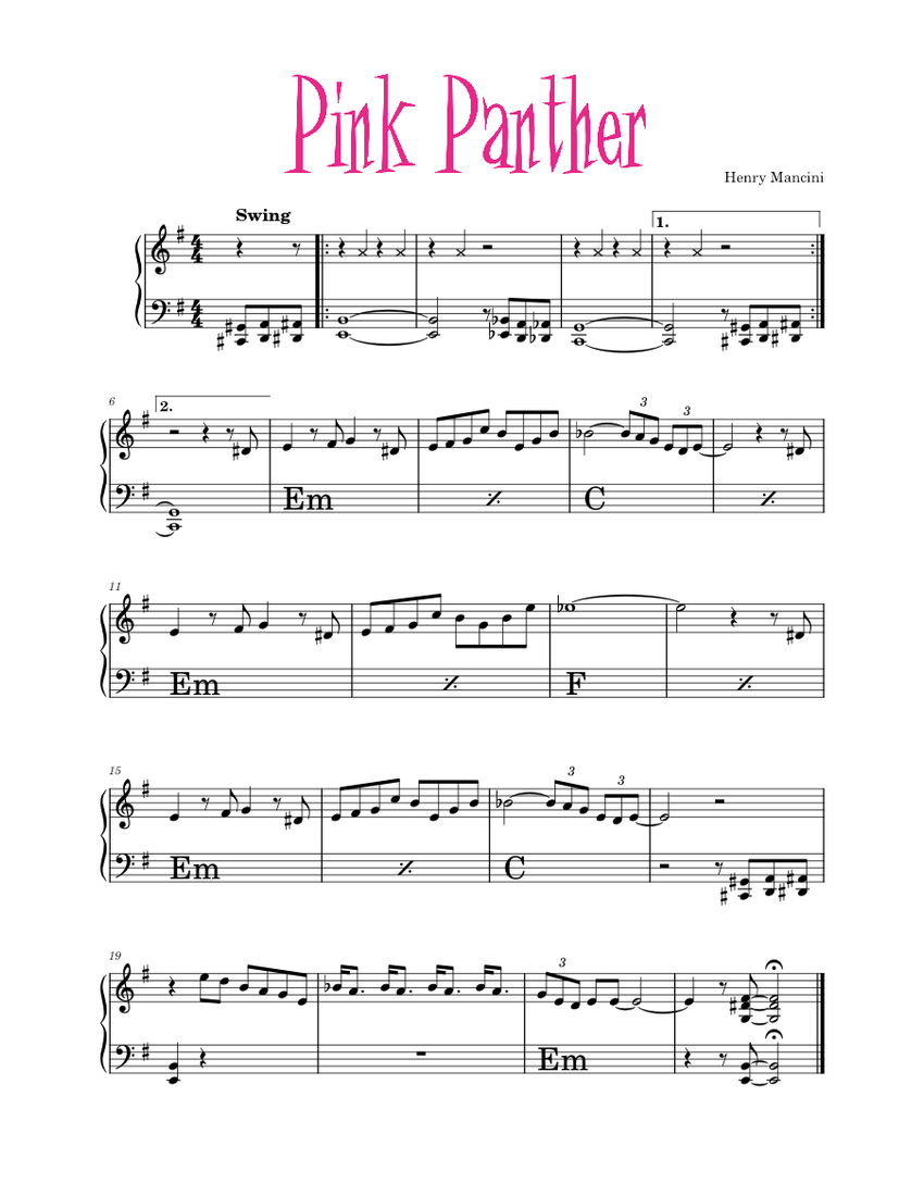 Pink Panther Klavier Noten