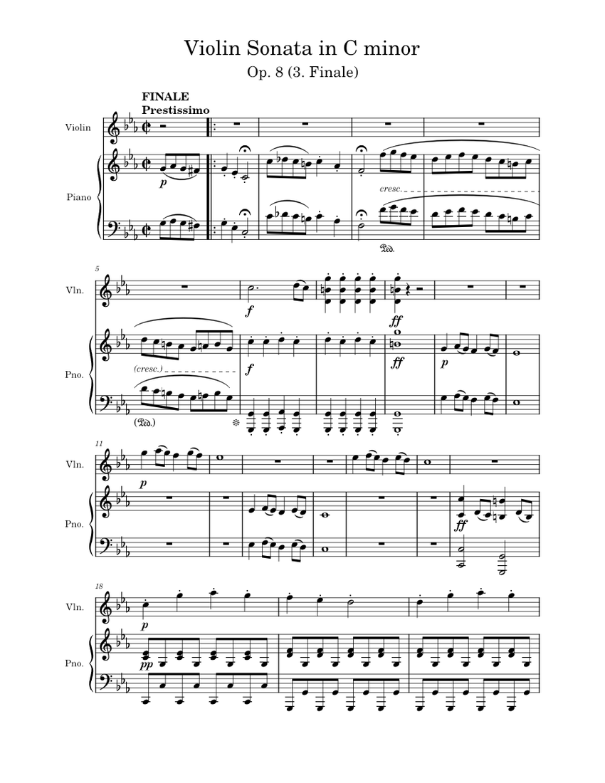 Violin Sonata in C minor, Op. 8 no. 1 (3. Finale) Sheet music for Piano ...