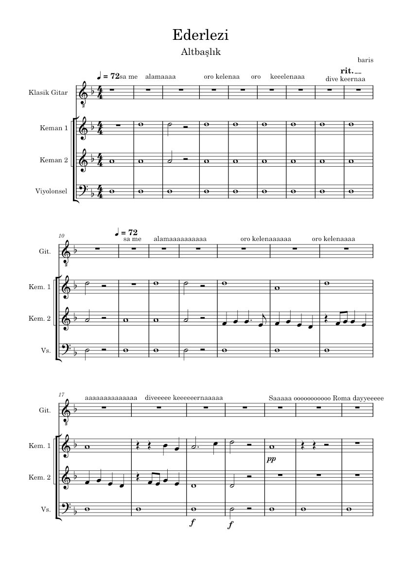 Ederlezi Sheet music for Violin, Cello, Guitar (Mixed Quartet ...