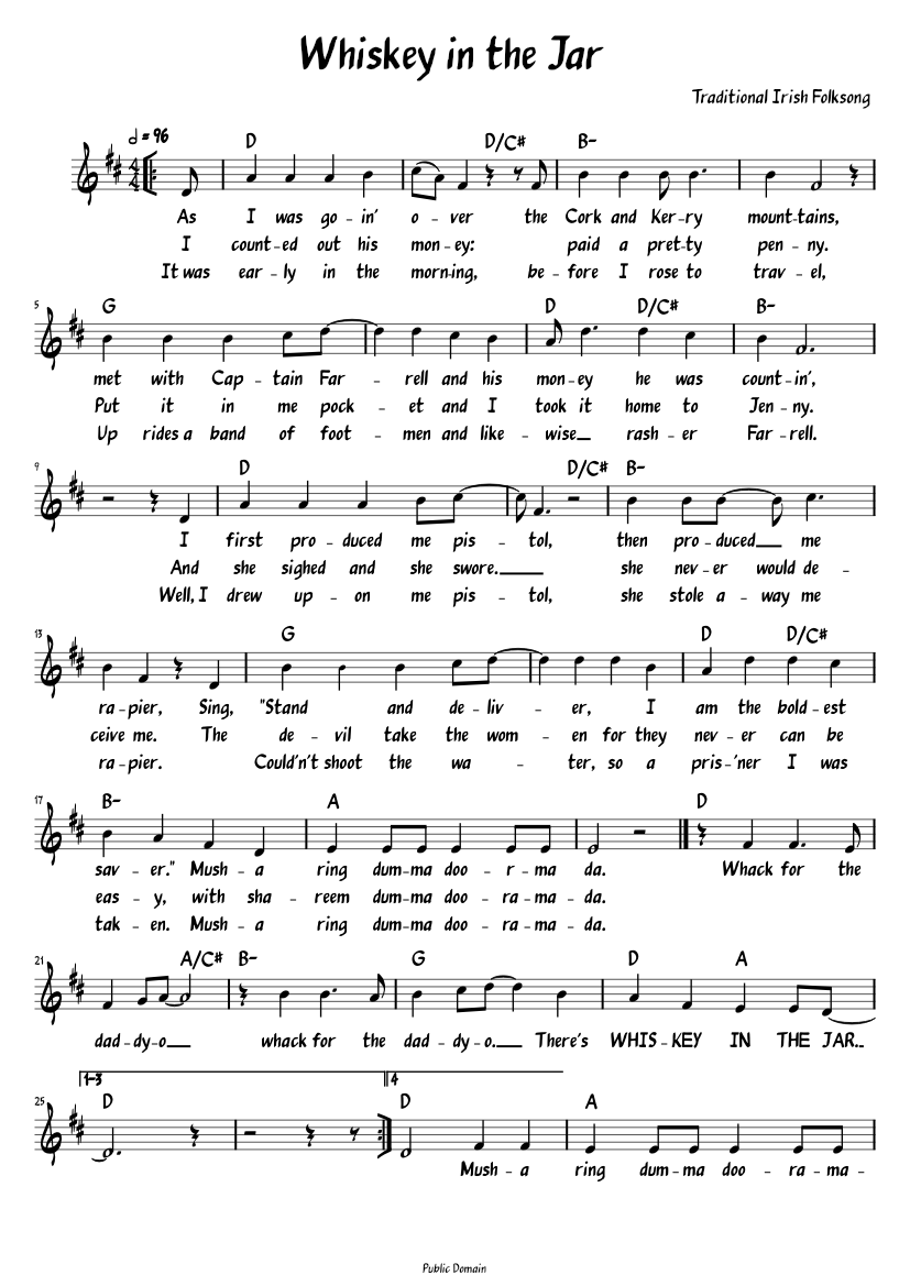 Whiskey in the Jar (Lead sheet with lyrics ) Sheet music for Piano