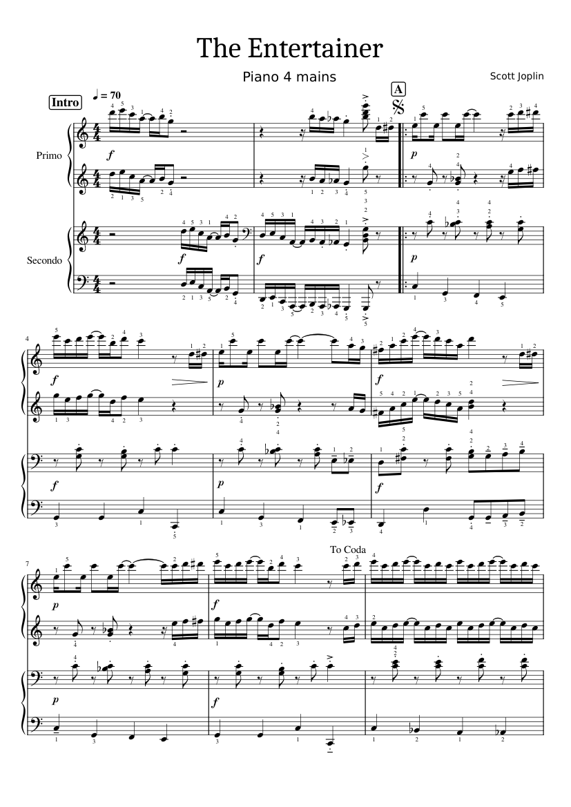 The Entertainer - Piano 4 hands Sheet Music for Piano (Piano Duo ...