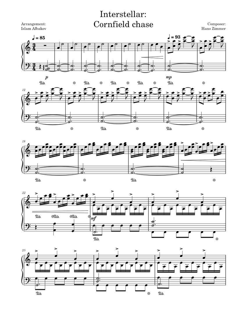 Interstellar: Cornfield Chase - Hans Zimmer piano Sheet music for Piano