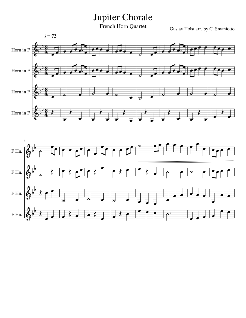 Jupiter Chorale Sheet music for French horn (Mixed Quartet)