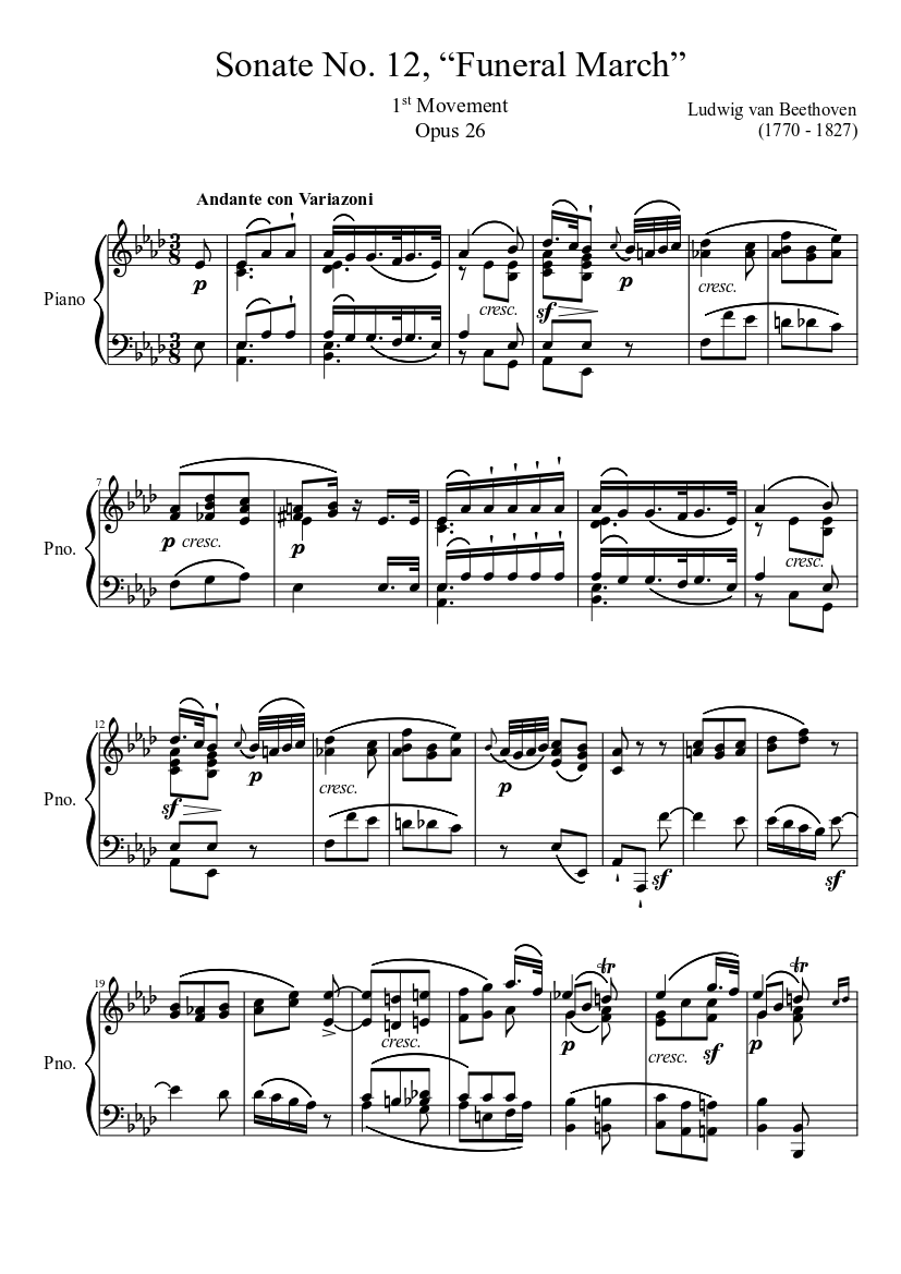 Sonate No. 12, “Funeral March” 1st Movement Sheet Music for Piano