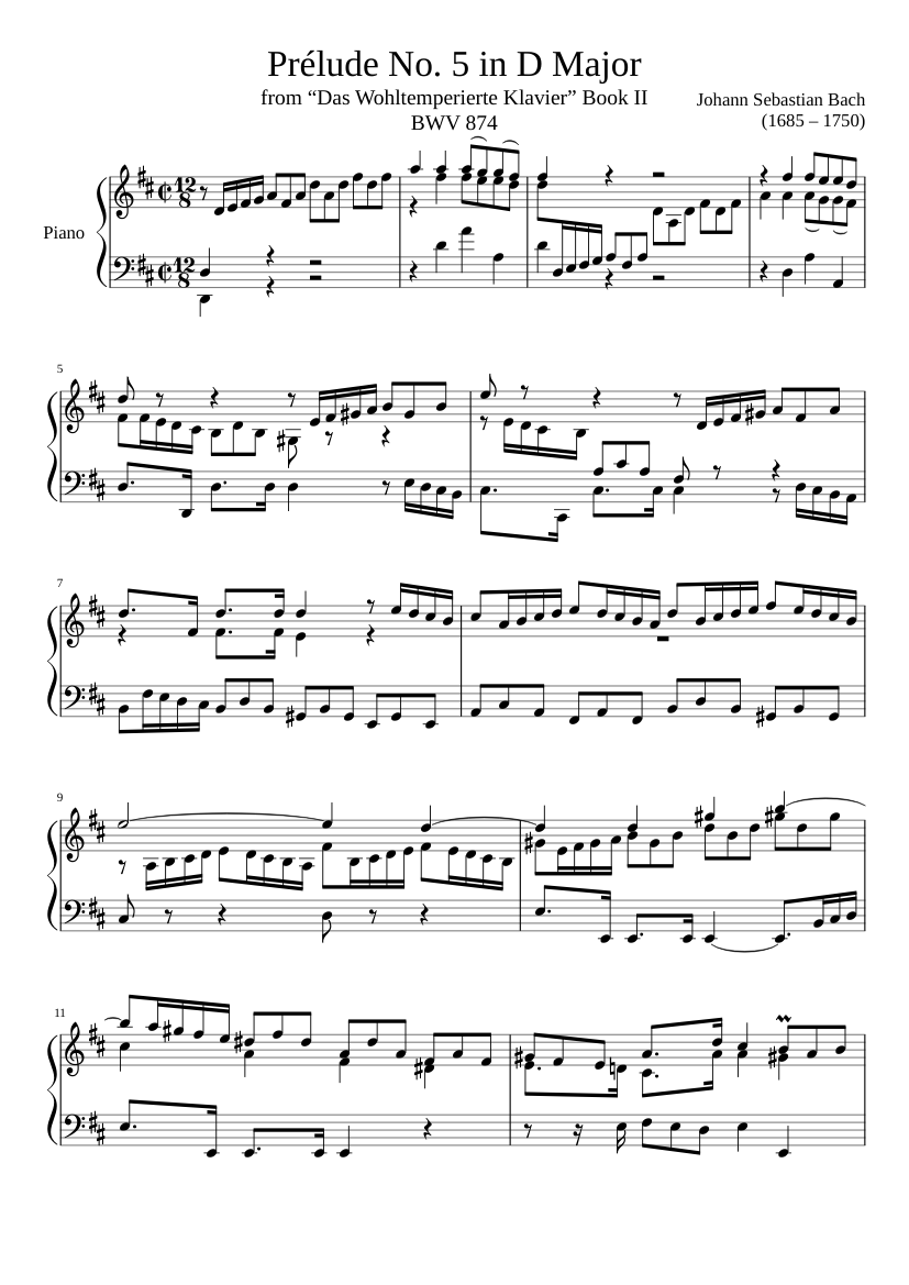 Prélude No. 5 BWV 874 in D Major Sheet music for Piano (Solo) |  Musescore.com