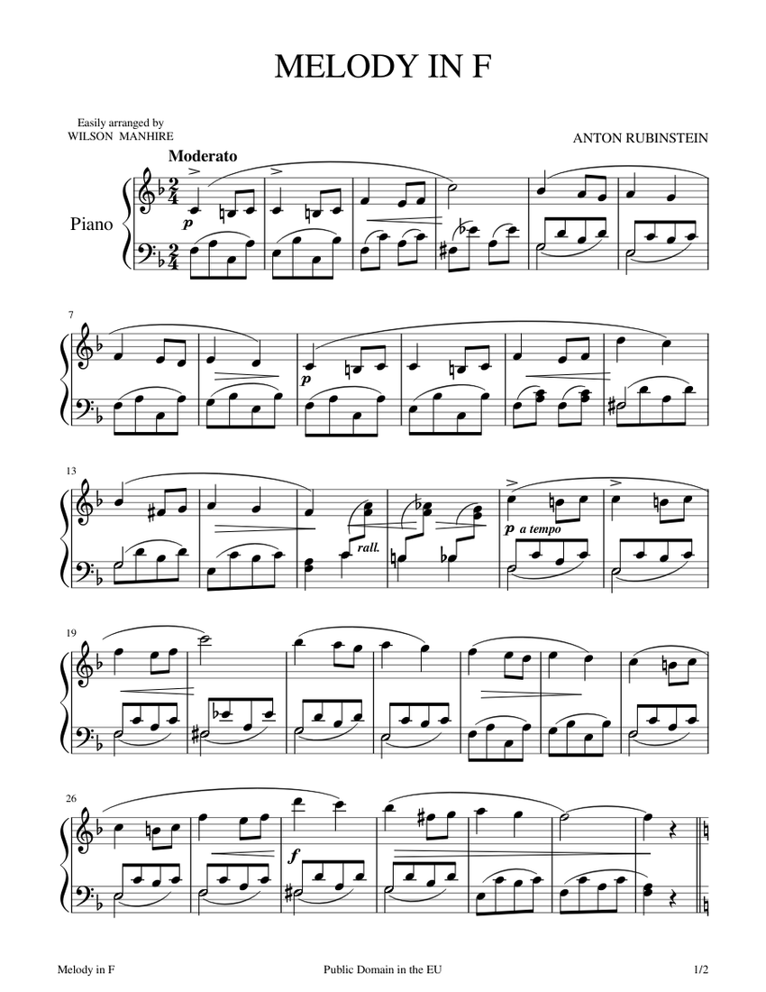 Melody in F, Op. 3, No. 1 – Anton Rubinstein Sheet music for Piano (Solo)