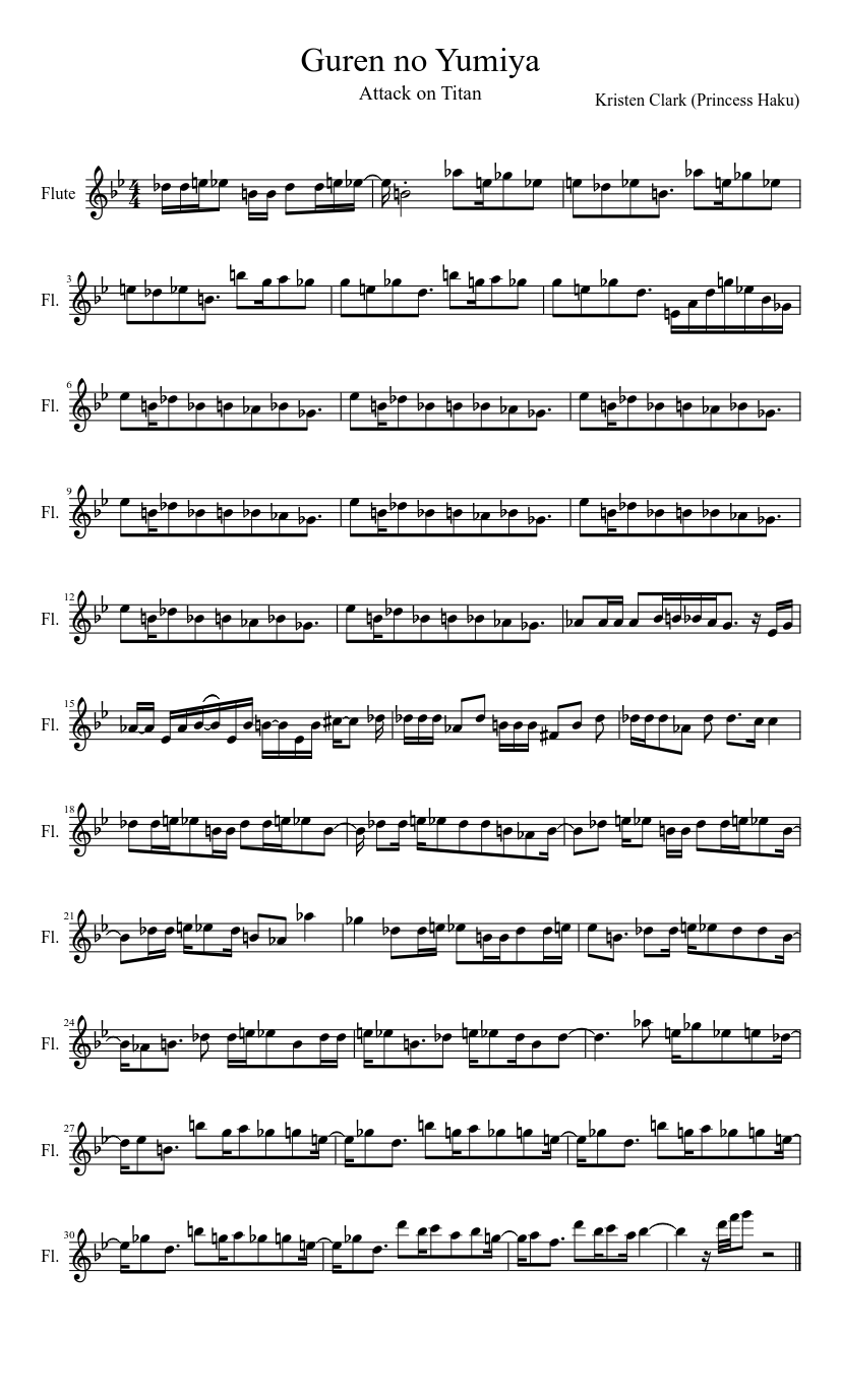 Guren No Yumiya- Attack on Titan OP 1 Sheet Music for Flute (Solo