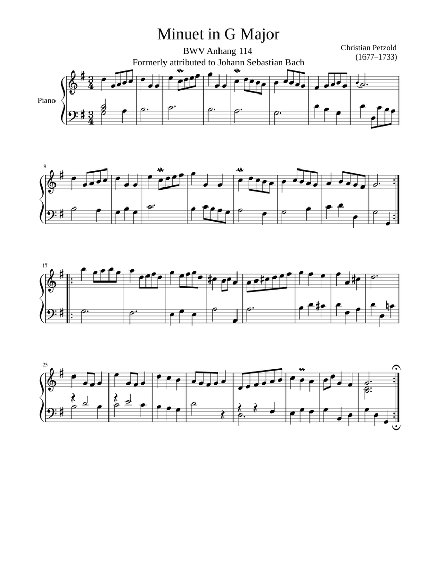 Minuet BWV Anhang 114 in G Major Sheet music for Piano (Solo) |  Musescore.com