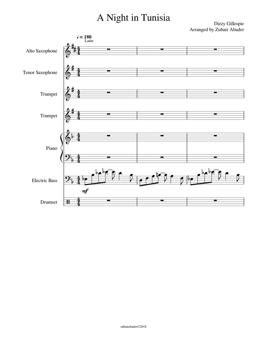 A Night In Tunisia Sheet Music For Piano Drum Group Saxophone Alto Saxophone Tenor More Instruments Jazz Band Musescore Com