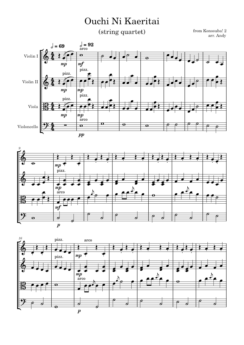 Ouchi Ni Kaeritai – Konosuba (arr. for String Quartet) Sheet Music for ...