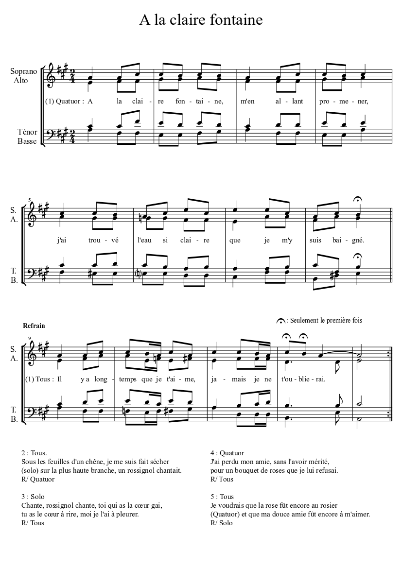 A la claire fontaine Sheet music for Soprano, Bass voice (Choral) |  Musescore.com