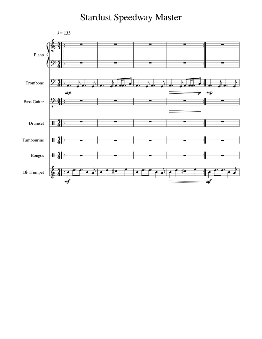 Stardust Speedway Sheet music for Piano, Trombone, Tambourine, Trumpet in  b-flat & more instruments (Mixed Ensemble) | Musescore.com