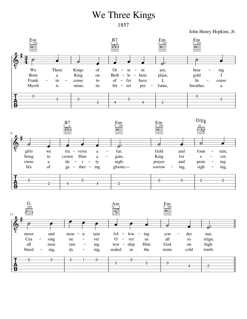 We Three Kings - Guitar Tab Sheet Music with Chords for Guitar (Solo ...